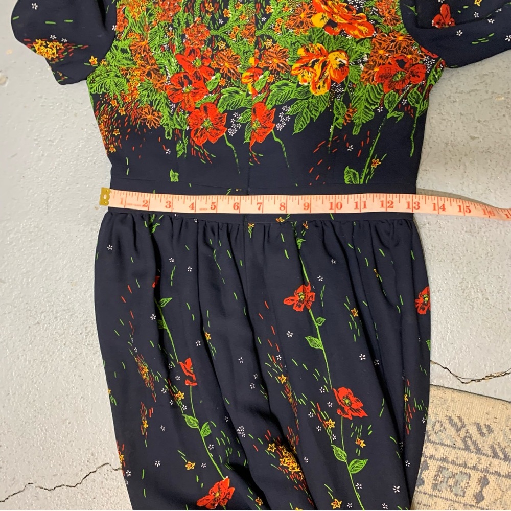Vintage 70s Floral Maxi Dress Blue Colorful Sz 8 Sheer Long Sleeve Elegant Gown - Picture 11 of 16